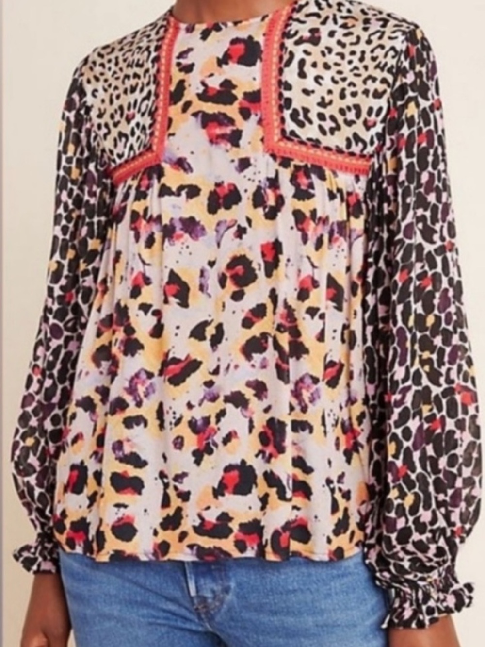 Anthropologie Blank London Multicolor Viscose Leopard-Print Mixed Panel Blouse